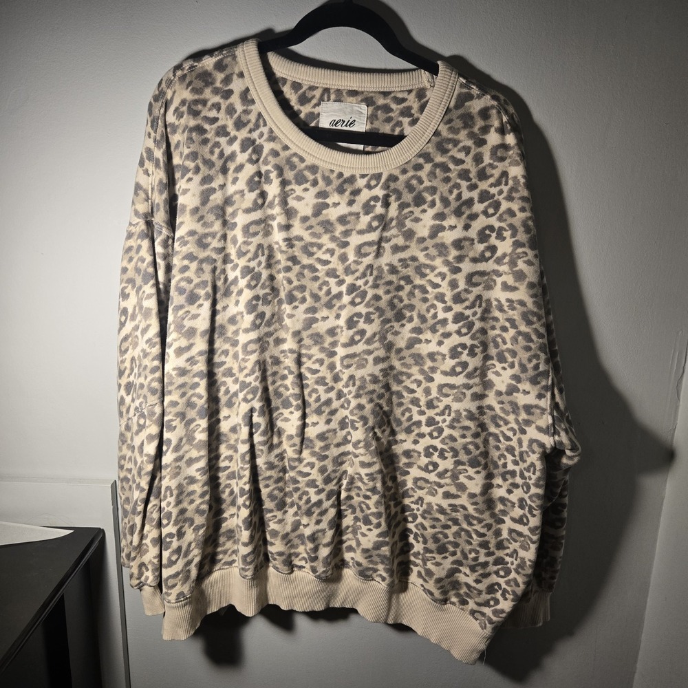 Aerie Leopard Print Lounge Set Womens XL Oversized Sweatshirt Wide Leg Pants Tan